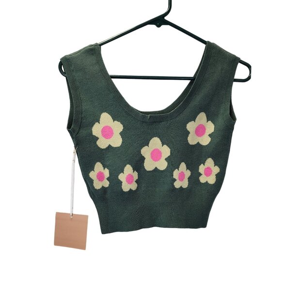 Bailey Rose Green Knit Crop Tank With Pink Daisy Flowers Size XS NWT - Picture 2 of 7